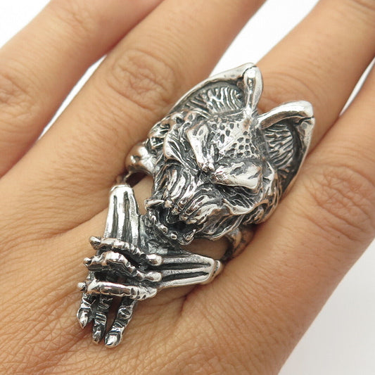 925 Sterling Silver Vintage Wolf Gothic Statement Ring Size 10.25