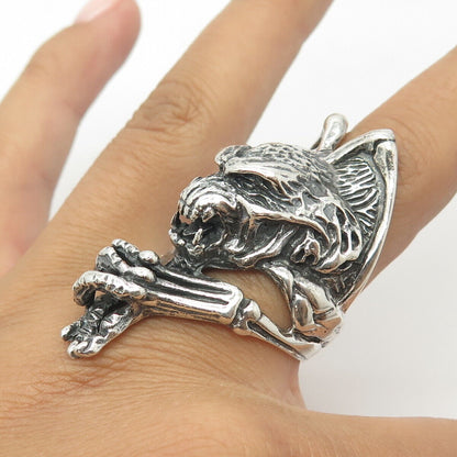 925 Sterling Silver Vintage Wolf Gothic Statement Ring Size 10.25