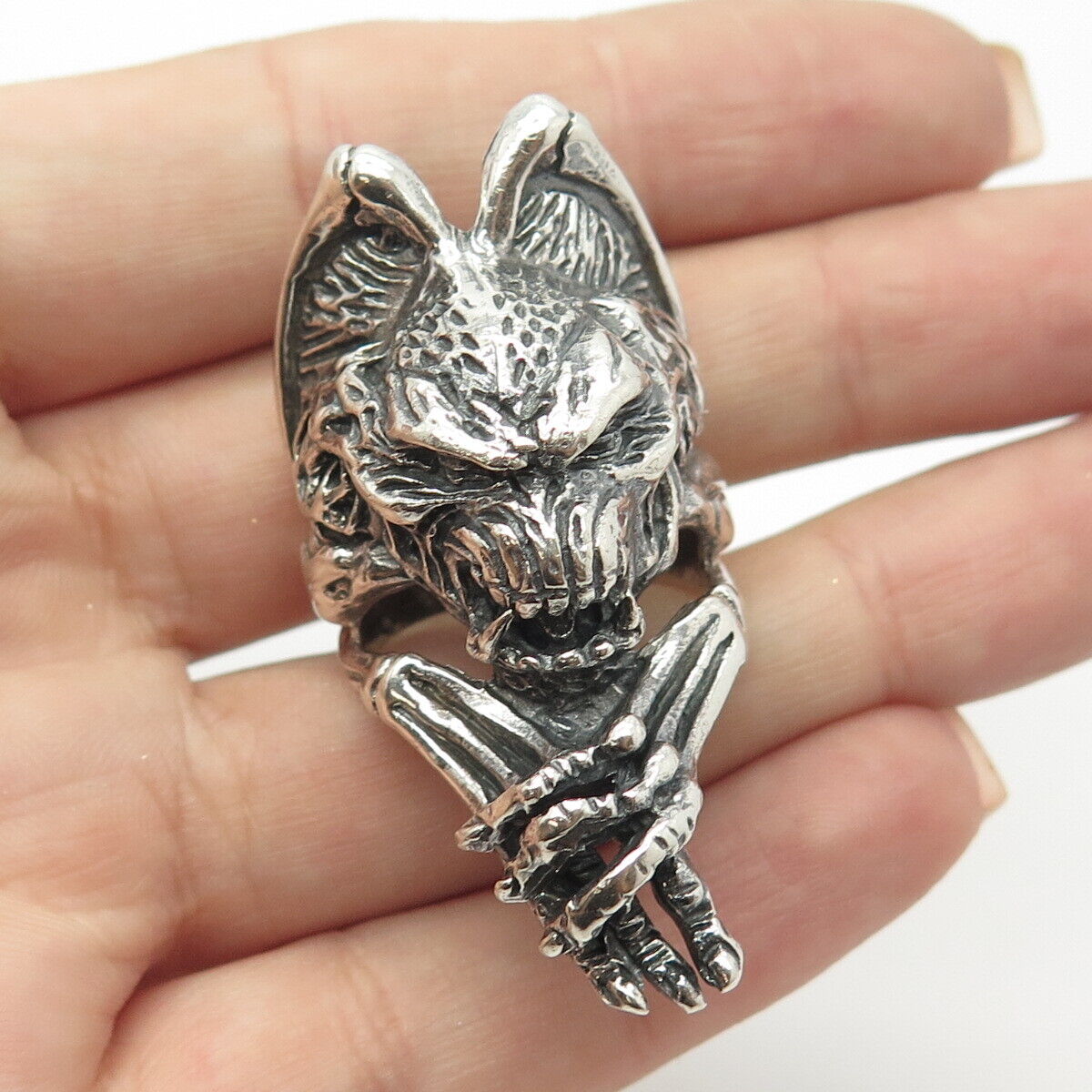 925 Sterling Silver Vintage Wolf Gothic Statement Ring Size 10.25