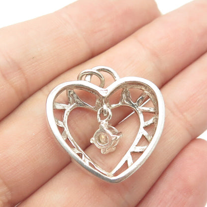 925 Sterling Silver Vintage Round-Cut Shaped C Z Open Heart Pendant