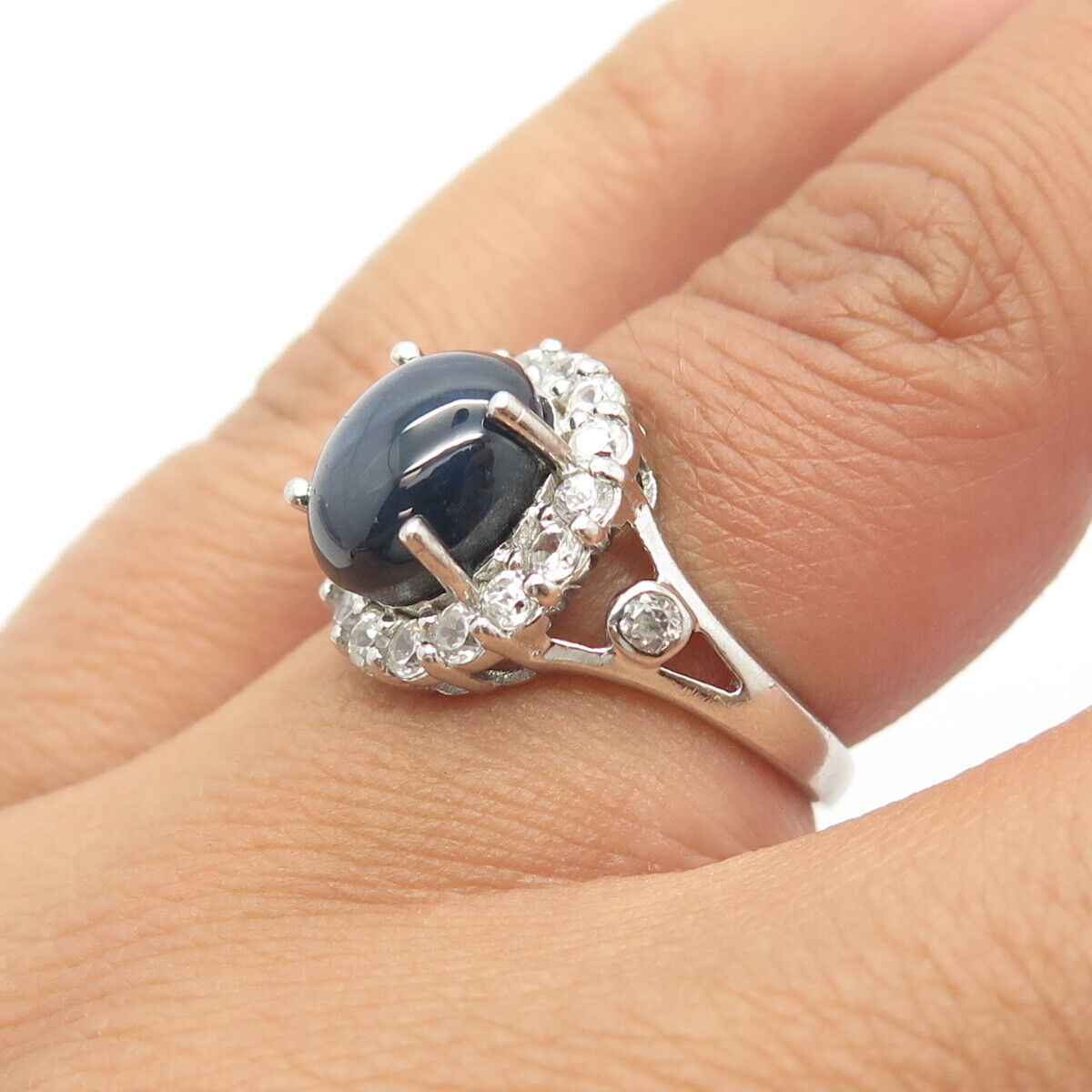 925 Sterling Silver Real White Topaz & Star Sapphire Gemstone Ring Size 5