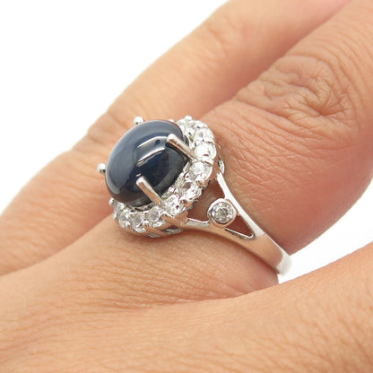 925 Sterling Silver Real White Topaz & Star Sapphire Gemstone Ring Size 5