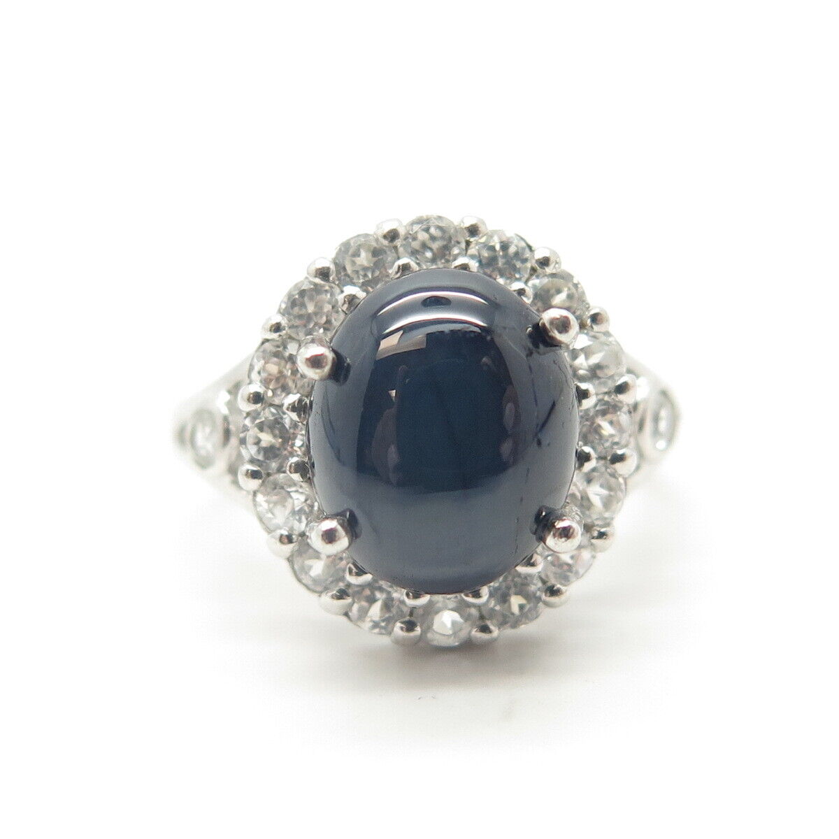 925 Sterling Silver Real White Topaz & Star Sapphire Gemstone Ring Size 5