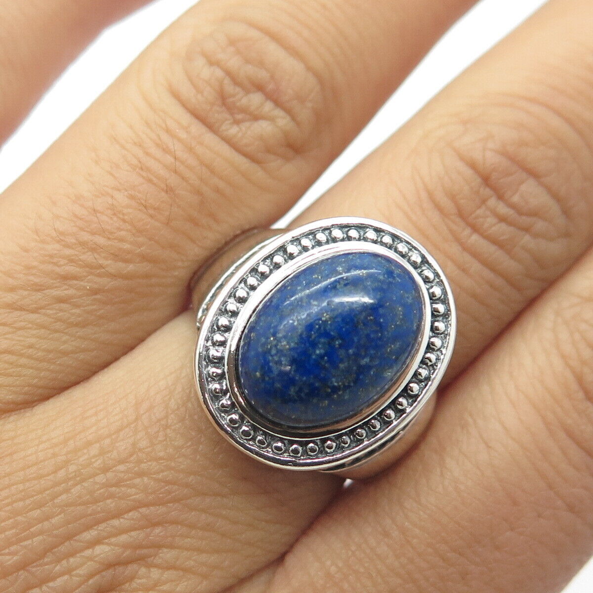 925 Sterling Silver Vintage Real Oval-Cut Lapis Lazuli Statement Ring Size 7