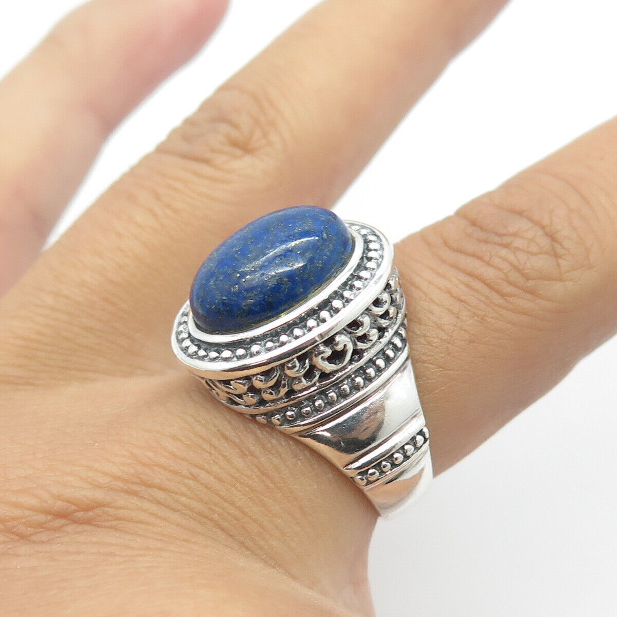 925 Sterling Silver Vintage Real Oval-Cut Lapis Lazuli Statement Ring Size 7