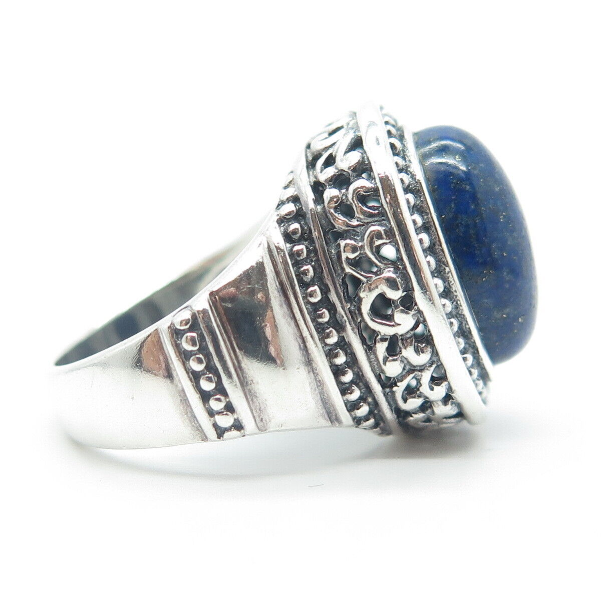 925 Sterling Silver Vintage Real Oval-Cut Lapis Lazuli Statement Ring Size 7