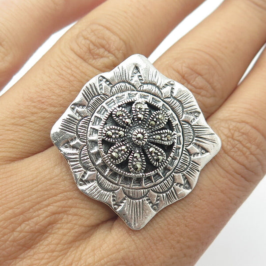 925 Sterling Silver Vintage Real Marcasite Gem Concho Flower Ring Size 8.25