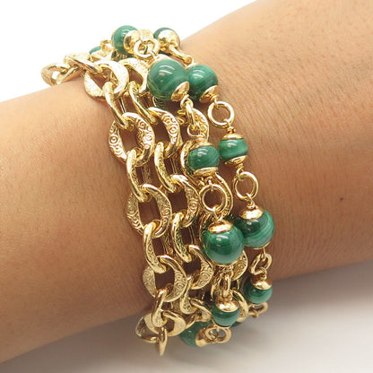 925 Sterling Silver Gold Plated Vintage Italy Malachite 50.5g Bead Bracelet 6"