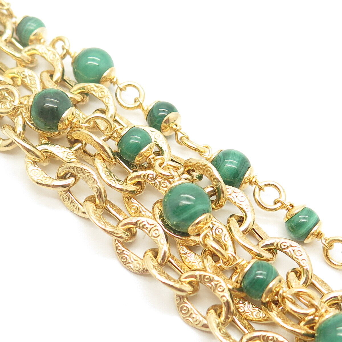 925 Sterling Silver Gold Plated Vintage Italy Malachite 50.5g Bead Bracelet 6"