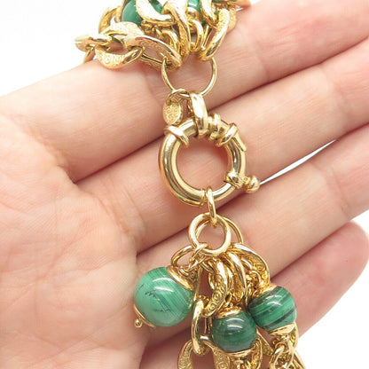 925 Sterling Silver Gold Plated Vintage Italy Malachite 50.5g Bead Bracelet 6"