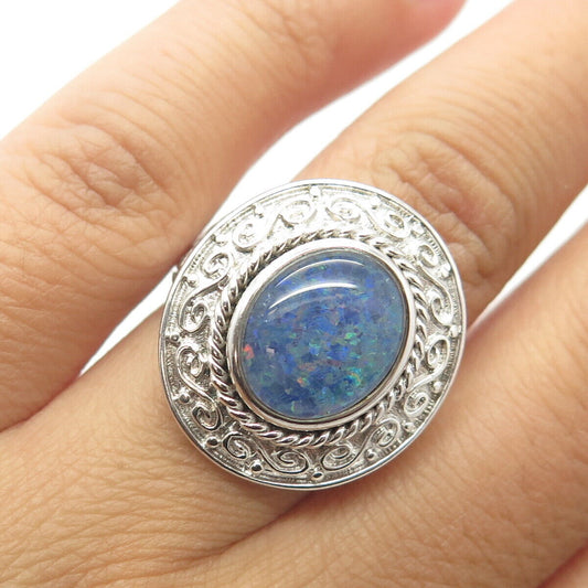 925 Sterling Silver Real Doublet Blue Opal Gemstone Ornate Ring Size 6