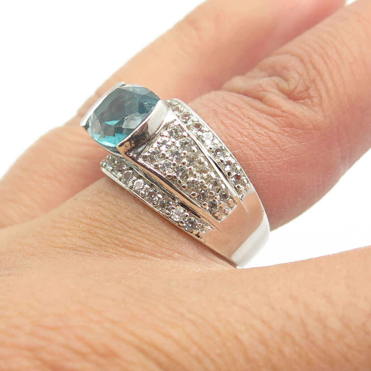 925 Sterling Silver Real White & Blue Topaz Gemstone Ring Size 5.25