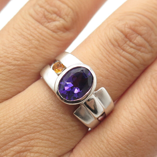 925 Sterling Silver Vintage Real Amethyst & Citrine Gemstone Ring Size 7.5