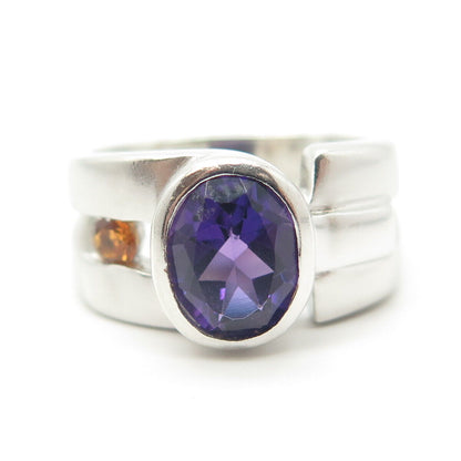 925 Sterling Silver Vintage Real Amethyst & Citrine Gemstone Ring Size 7.5