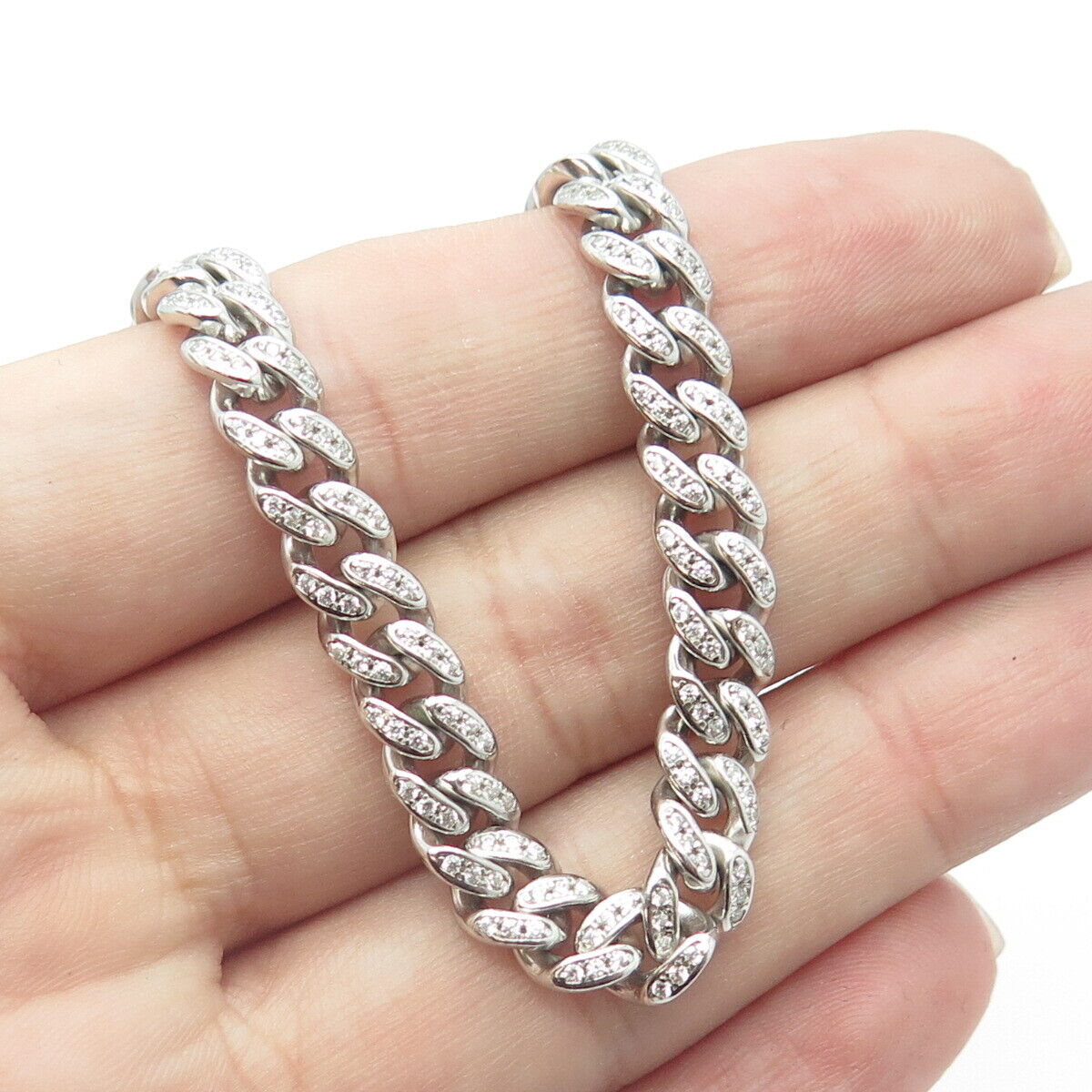 925 Sterling Silver Pave C Z Cuban Chain Necklace 22"