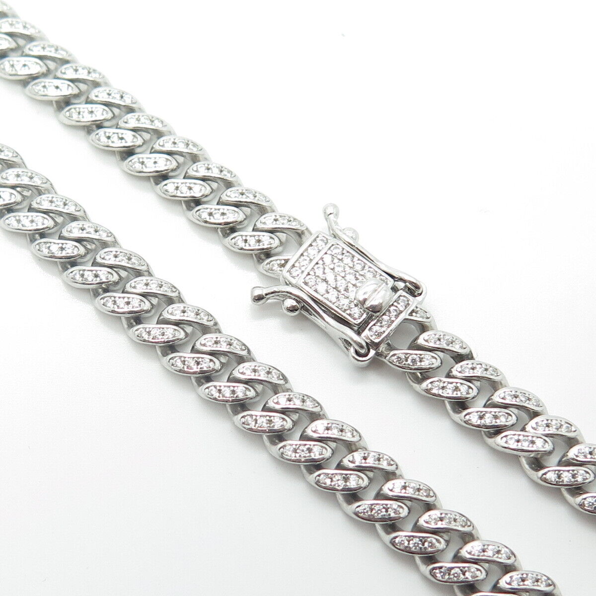 925 Sterling Silver Pave C Z Cuban Chain Necklace 22"