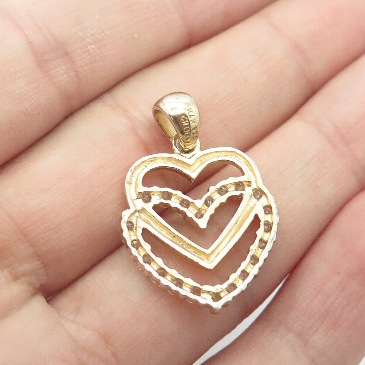 925 Sterling Silver Gold Plated HAN White C Z Double Heart Pendant