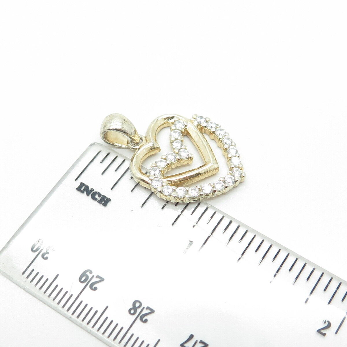 925 Sterling Silver Gold Plated HAN White C Z Double Heart Pendant