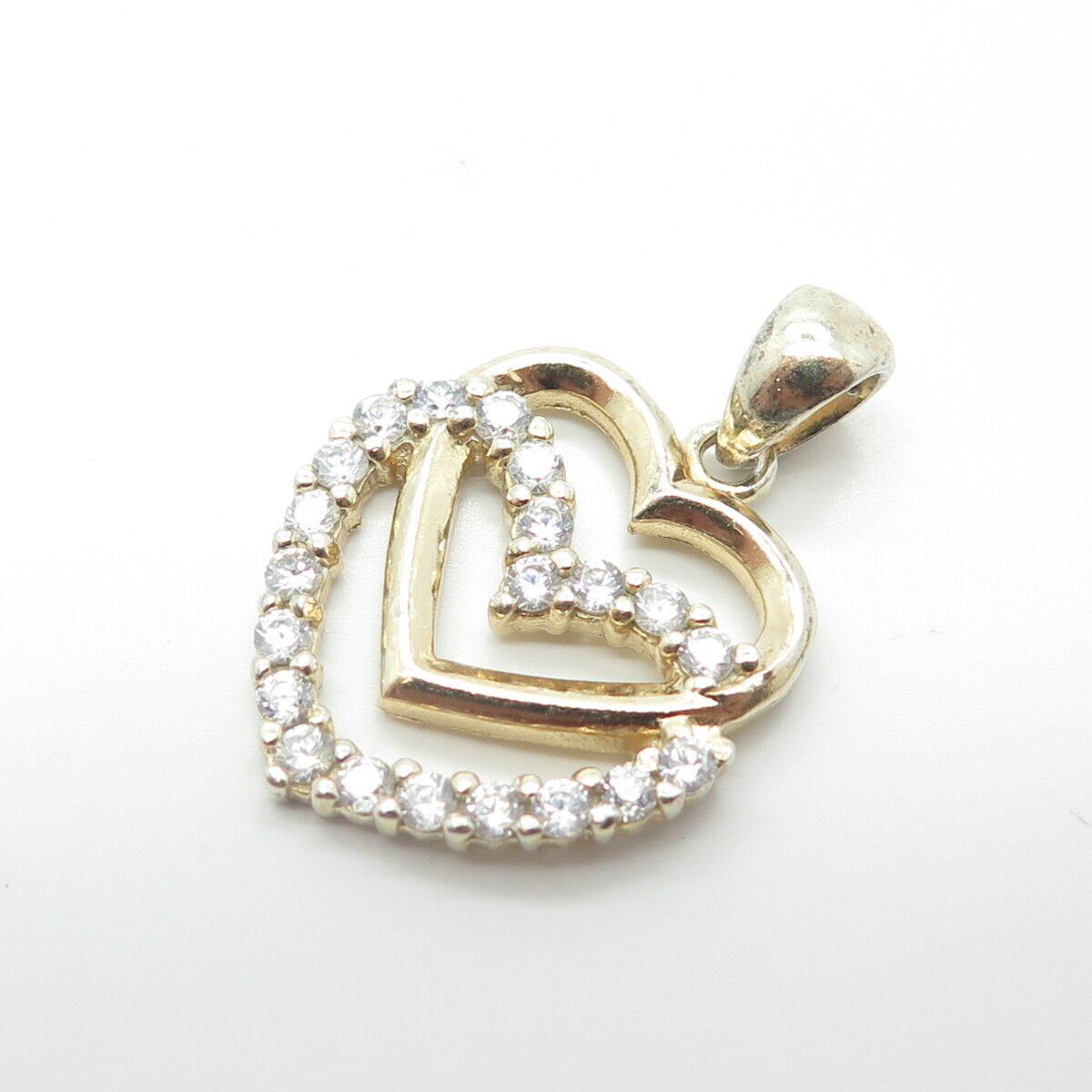 925 Sterling Silver Gold Plated HAN White C Z Double Heart Pendant