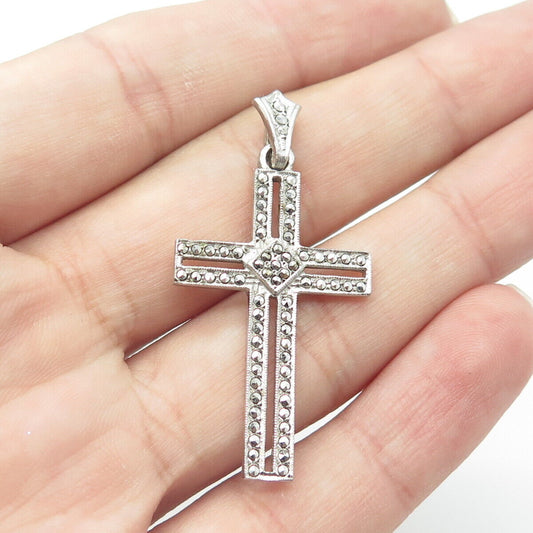 925 Sterling Silver Antique Art Deco Real Marcasite Gem Open Cross Pendant