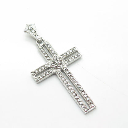 925 Sterling Silver Antique Art Deco Real Marcasite Gem Open Cross Pendant