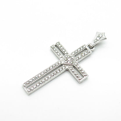 925 Sterling Silver Antique Art Deco Real Marcasite Gem Open Cross Pendant