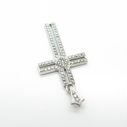 925 Sterling Silver Antique Art Deco Real Marcasite Gem Open Cross Pendant