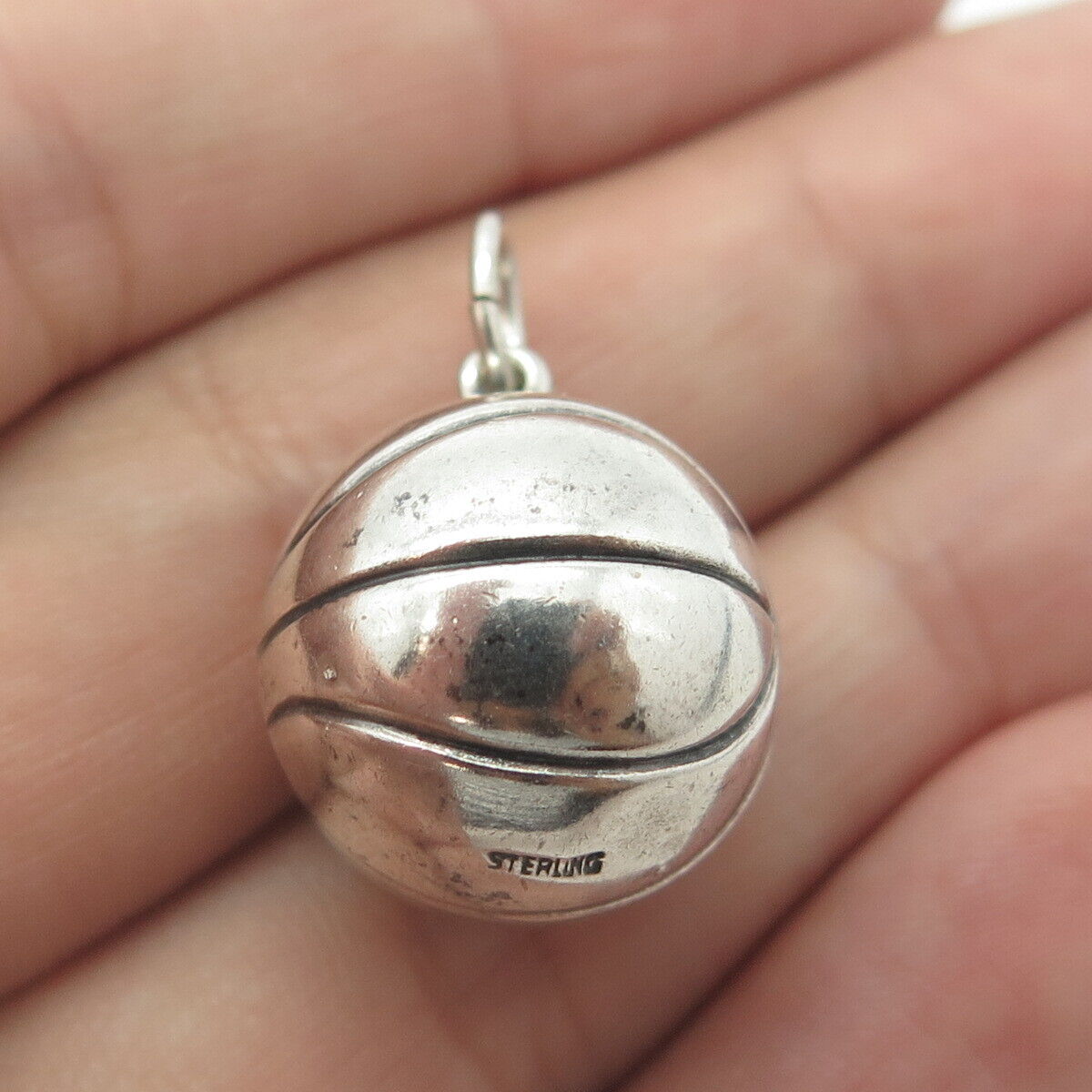 925 Sterling Silver Antique Art Deco Basketball Ball 3D Charm Pendant