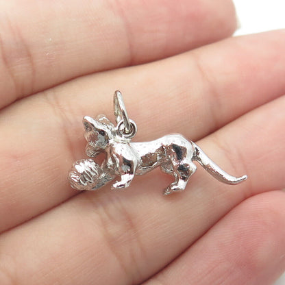 925 Sterling Silver Vintage Kitten Playing Ball 3D Charm Pendant