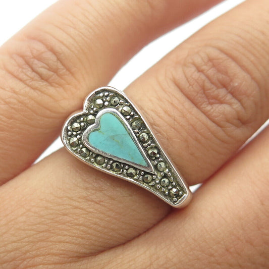 925 Sterling Silver Vintage Real Turquoise & Marcasite Gem Heart Ring Size 6