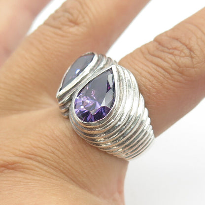 925 Sterling Silver Vintage Real Pear-Cut Amethyst Gem Ribbed Ring Size 7.5