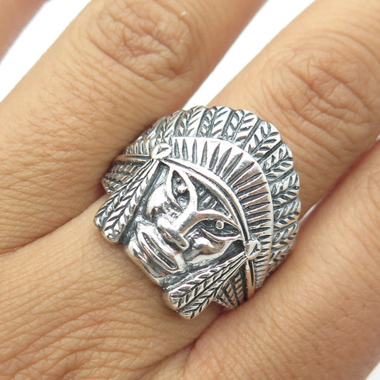 925 Sterling Silver Vintage Indian Chief Statement Tribal Ring Size 8.75