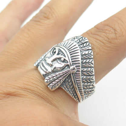 925 Sterling Silver Vintage Indian Chief Statement Tribal Ring Size 8.75