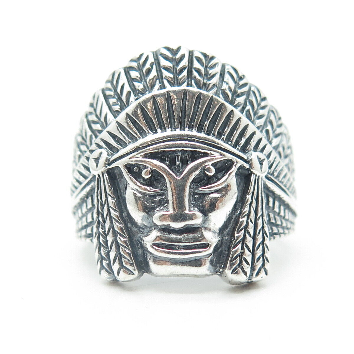925 Sterling Silver Vintage Indian Chief Statement Tribal Ring Size 8.75