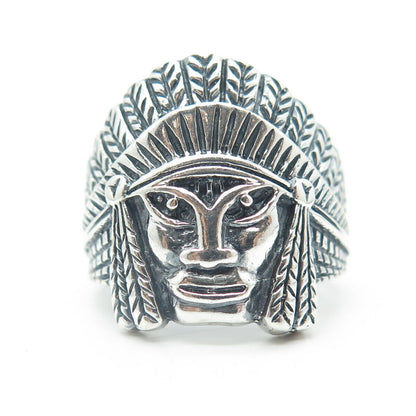 925 Sterling Silver Vintage Indian Chief Statement Tribal Ring Size 8.75