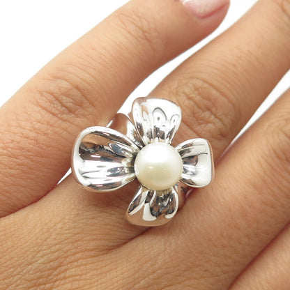 925 Sterling Silver Ann King Real Pearl Floral Blossom Ring Size 6