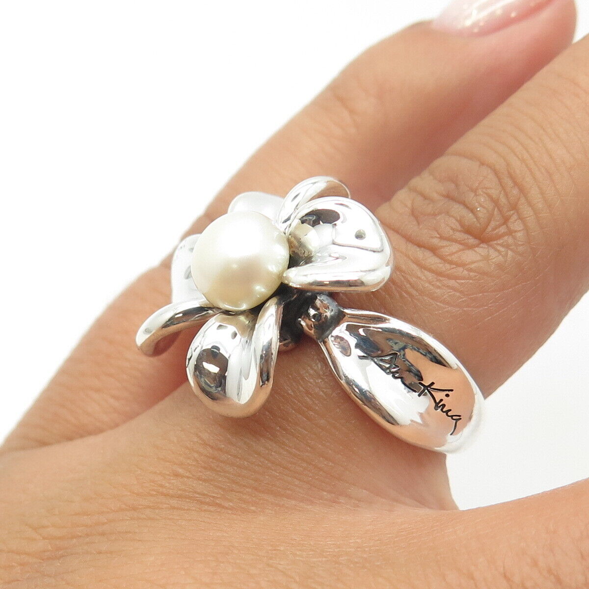 925 Sterling Silver Ann King Real Pearl Floral Blossom Ring Size 6