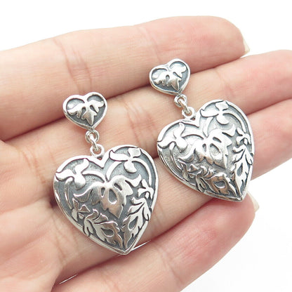 925 Sterling Silver Vintage Victorian Floral Heart Drop Dangling Earrings