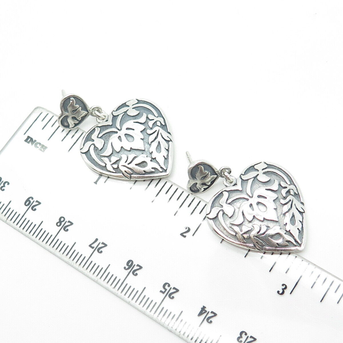 925 Sterling Silver Vintage Victorian Floral Heart Drop Dangling Earrings