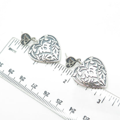 925 Sterling Silver Vintage Victorian Floral Heart Drop Dangling Earrings