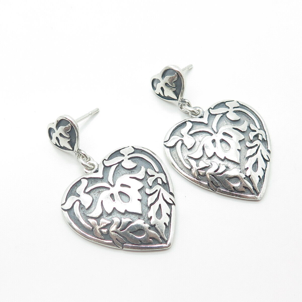 925 Sterling Silver Vintage Victorian Floral Heart Drop Dangling Earrings