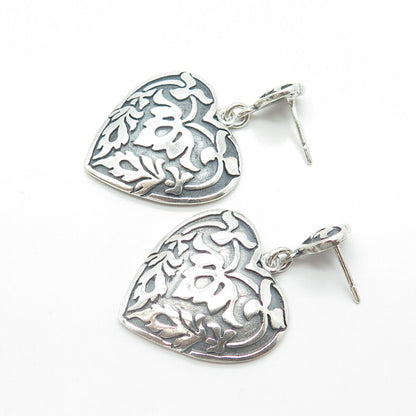 925 Sterling Silver Vintage Victorian Floral Heart Drop Dangling Earrings