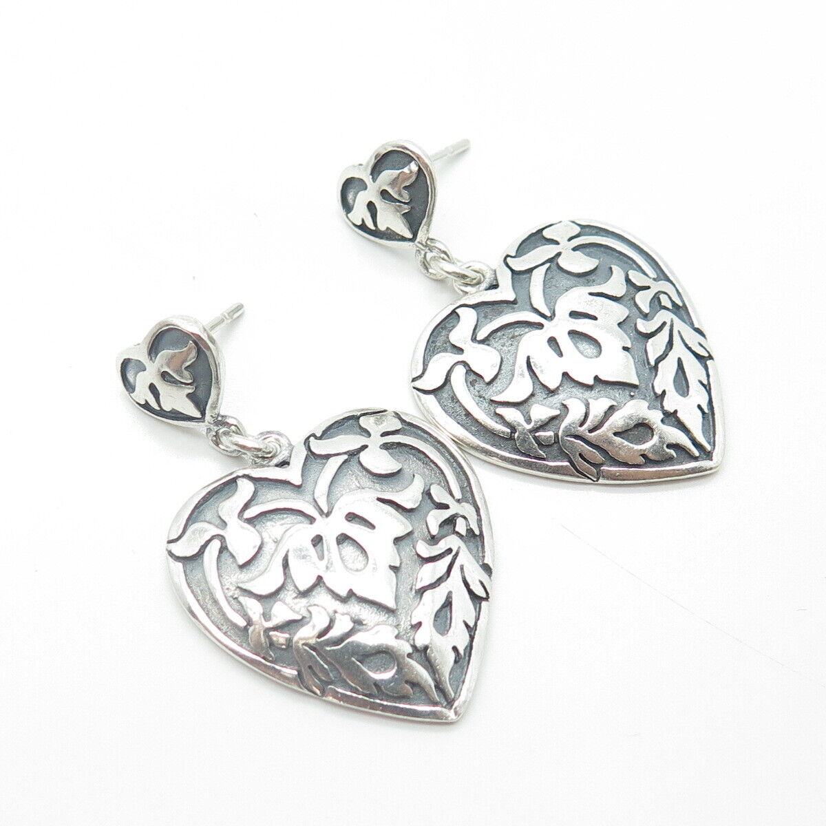 925 Sterling Silver Vintage Victorian Floral Heart Drop Dangling Earrings