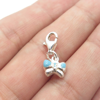 925 Sterling Silver Old Stock Blue Enamel Ribbon Bow Lobster Lock Charm Pendant