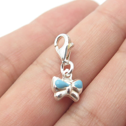 925 Sterling Silver Old Stock Blue Enamel Ribbon Bow Lobster Lock Charm Pendant