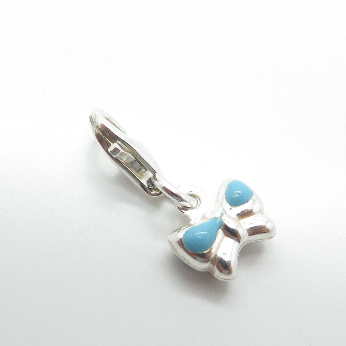 925 Sterling Silver Old Stock Blue Enamel Ribbon Bow Lobster Lock Charm Pendant