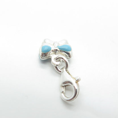 925 Sterling Silver Old Stock Blue Enamel Ribbon Bow Lobster Lock Charm Pendant