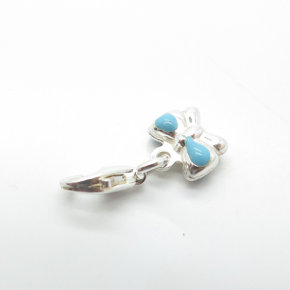 925 Sterling Silver Old Stock Blue Enamel Ribbon Bow Lobster Lock Charm Pendant