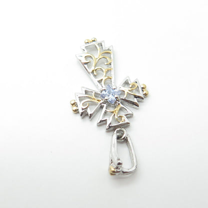 925 Sterling Silver 2-Tone Blue C Z Open Swirl Cross Pendant