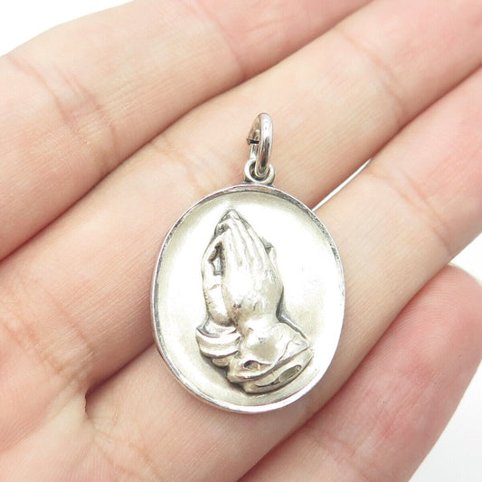 925 Sterling Silver Vintage M De Jean Praying Hands Medal Charm Pendant